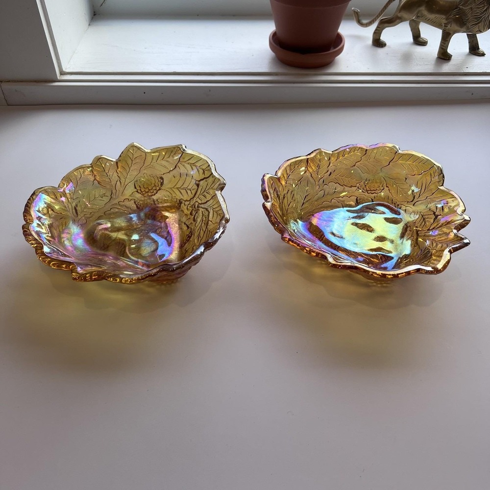 Vintage Carnival Glass Berry & Leaf Pattern Iridescent Gold Marigold Bowls -